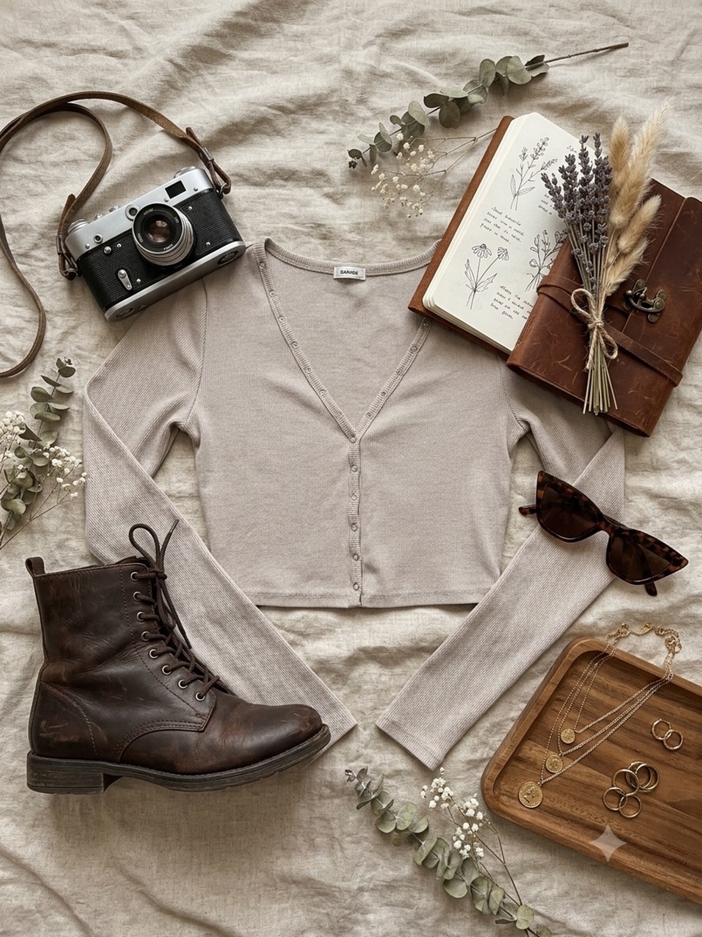 GARAGE Women's Taupe Crop Button-Front Long Sleeve Top